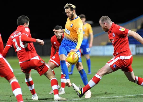 Mansfield Town V Crawley.     
Jorge Grant chips a ball over the Crawley defence for a CJ Hamilton chance.