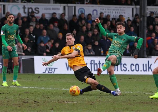 Picture by Gareth Williams/AHPIX.com; Football; Sky Bet League Two; Newport County v Mansfield Town; 9/2/2019  KO 15.00; Rodney Parade; copyright picture; Howard Roe/AHPIX.com; Mansfield's Tyler Walker shoots but can't find enough power to beat County keeper Joe Day