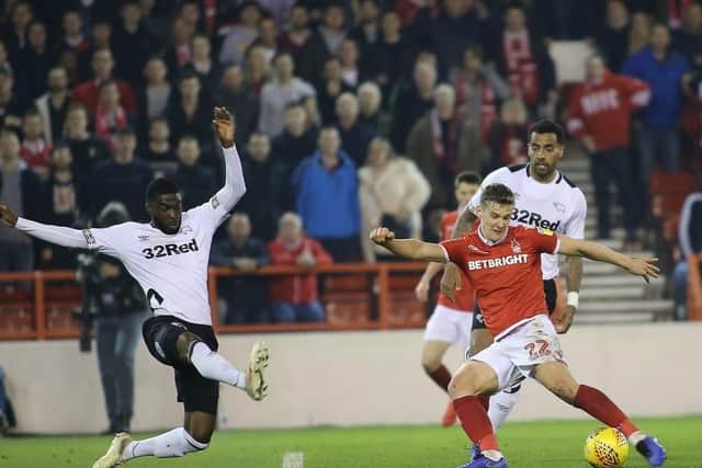 Action from Forest v Derby at The City Ground on Monday. Picture by Jez Tighe.