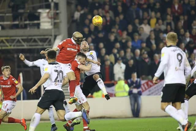 Action from Forest v Derby at The City Ground on Monday. Picture by Jez Tighe.