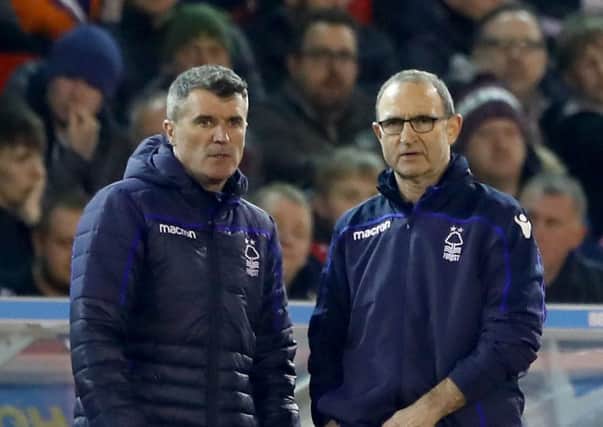 NOTTINGHAM, ENGLAND - FEBRUARY 25: Roy Keane and Martin O'Neill of Nottingham Forest look on during the Sky Bet Championship match between Nottingham Forest and Derby County at City Ground on February 25, 2019 in Nottingham, England. (Photo by Matthew Lewis/Getty Images)