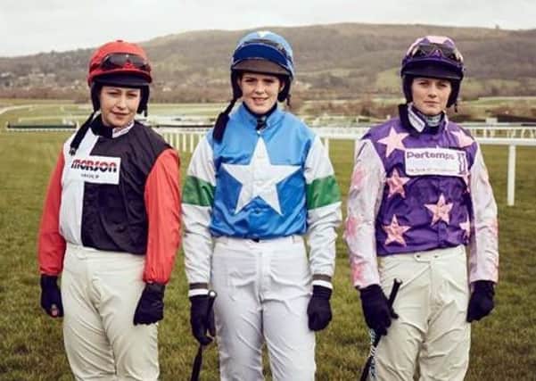 Winning women jockeys at last year's Cheltenham Festival, from left, Harriet Tucker, Lizzie Kelly and Bridget Andrews. (PHOTO BY: Great British Racing)