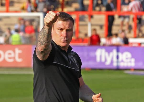 Picture by Gareth Williams/AHPIX.com; Football; Sky Bet League Two; Exeter City v Mansfield Town; 30/3/2019  KO 15.00; St James Park; copyright picture; Howard Roe/AHPIX.com; Stags boss David Flitcroft salutes a thumping victory at Exeter