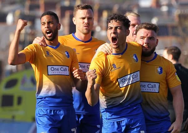 Picture by Gareth Williams/AHPIX.com; Football; Sky Bet League Two; Exeter City v Mansfield Town; 30/3/2019  KO 15.00; St James Park; copyright picture; Howard Roe/AHPIX.com; Mansfield's Tyler Walker celebrates after making it 3-1 against Mansfield
