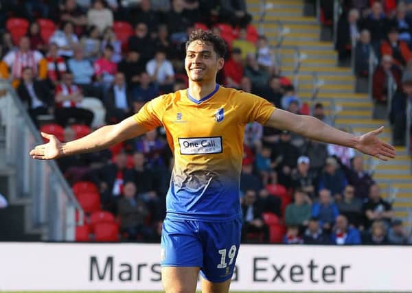 Picture by Gareth Williams/AHPIX.com; Football; Sky Bet League Two; Exeter City v Mansfield Town; 30/3/2019  KO 15.00; St James Park; copyright picture; Howard Roe/AHPIX.com; yler Walker celebrates his second after making it 4-1 to Mansfield from the penalty spot