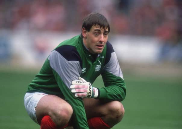 Nottingham Forest goalkeeper Steve Sutton watching his team take a penalty during the Littlewoods Cup Final at Wembley Stadium against Luton Town, 9th April 1989. Forest won the match 3-1 to lift the trophy. (Photo by Getty Images)