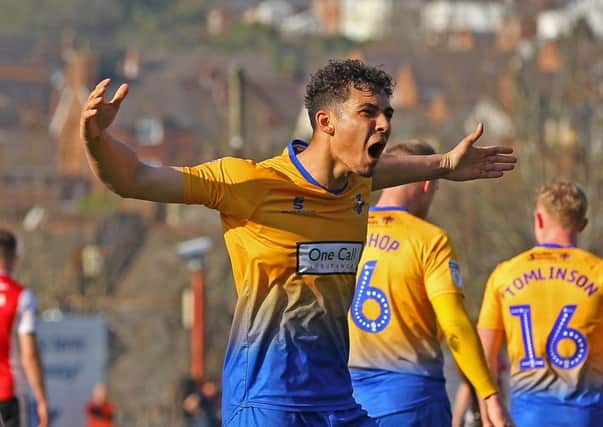 Picture by Gareth Williams/AHPIX.com; Football; Sky Bet League Two; Exeter City v Mansfield Town; 30/3/2019  KO 15.00; St James Park; copyright picture; Howard Roe/AHPIX.com; Mansfield's Tyler Walker celebrates after curling home to make it 3-1 at Exeter