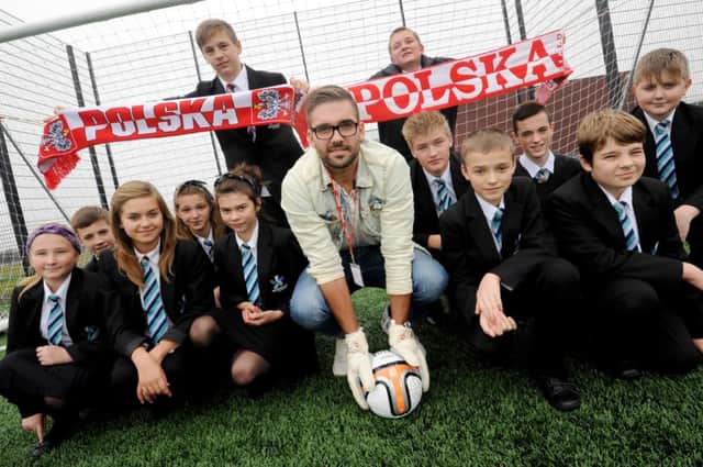 Notts County goalkeeper Bartosz Bialkowski visits Shirebrook Academy as part of Languages Week.