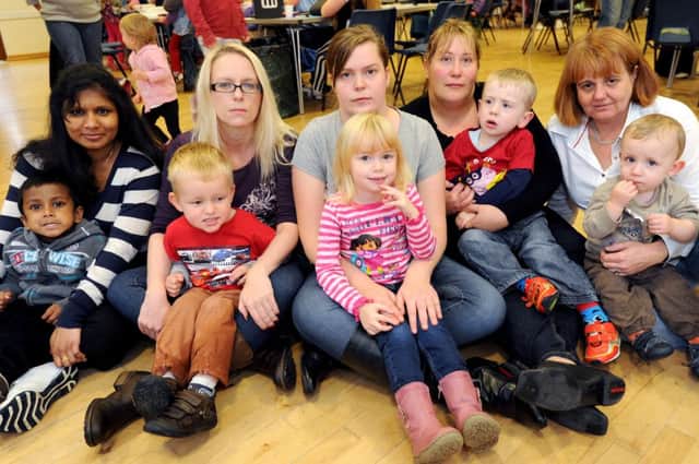 Parents at the Sure Start Centre, Huthwaite campaigning to save the nursery. l-r Sulaksana Surendraraja with Vibishaan 3, Carrie Hill with Oscar 4, Sarah Wallace with Kacey 3, Felicity Pether with William 3 and right of her, other son, Henry 18mnths and Anna Wilson of Huthwaite Action Group.