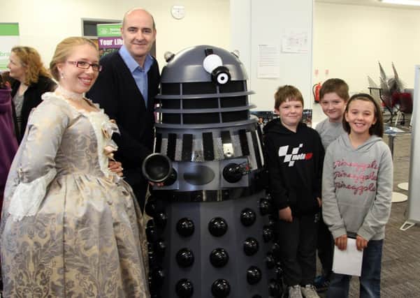 Nick Briggs the voice of the Daleks was at Mansfields library.Young visitors Alfie Shaw, Harry Shaw, Bethany Huskinson had chance to meet there hero.L/R:Madame De Pompador, Nick Briggs.Alfie Shaw, Harry Shaw, Bethany Huskinson.