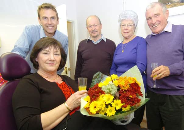 Joan Lee retires fron Canberry dental practice in Bulwell. Joan Lee, James and John Canberry, Joyce Dobson and Tom Mitchell.