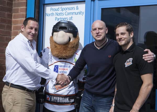 Mike O'Connor, of Sheffield Steelers, mascot Steeler Dan, Malcolm Hall, of Hall-Fast, and Steelers' star Rob Dowd.