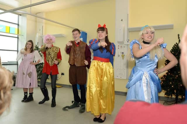 Callum Smith, Fran Bridgland, Shannon Johnson, Luke Hughes and Charlotte Collier perform for youngster on Ward 25 when the Garibaldi year 13 students took their A Level project on Theatre for Children to Kings Mill Hospital last Tuesday.