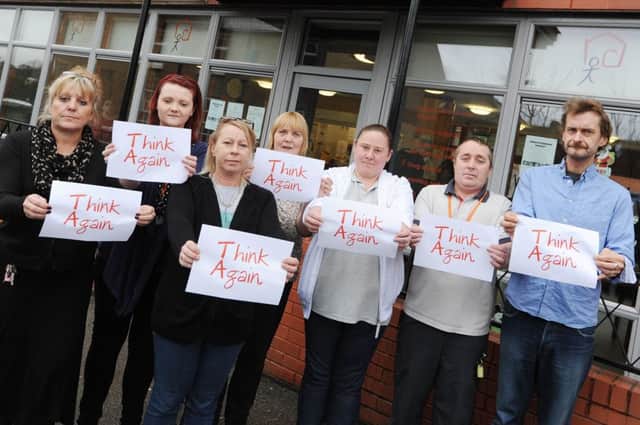 Staff and service users of Framework, Mansfield, protest against council cuts for fears of facilities being shut down. l-r Michelle Hanson Service Manager, Sarah Renshaw, Andrea Lound, Sue Herdon, Verity Wheeldon, Shane Lound and a resident of Framework.
