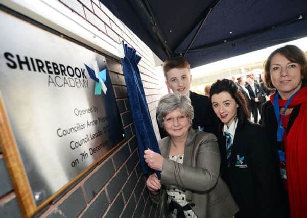 Anne Western, leader of Derbyshire County Council, with head teacher Julie Bloor and  head boy Dylan Collier and deputy head girl Katie Salmon at the official opening of Shirebrook Academy