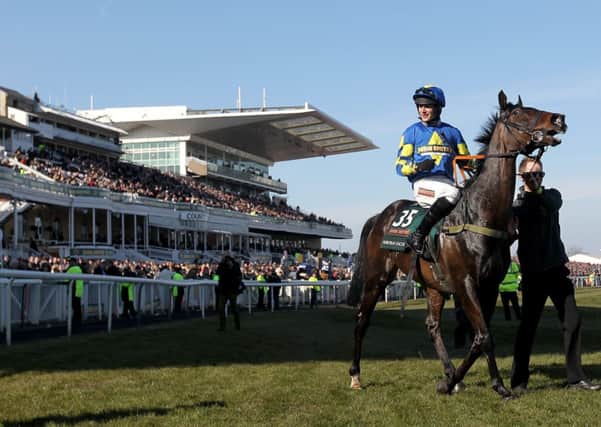 AINTREE HERO -- Aurora's Encore, ridden by Ryan Mania, parades in front of the Aintree stands after winning last year's Grand National (PHOTO BY: David Davies/PA Wire)