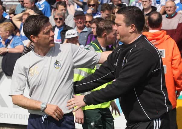 Darrell Clarke receives best wishes from Stags boss paul Cox -Pic by: Richard Parkes