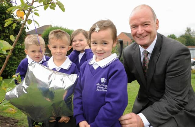 L-R is Caiden Kissane 5, Declan Black 5, Natalya Martin 6 and Lily Hall 6 with Barry Day Chief Executive of Greenwood Dale Foundation Trust at Mansfield Primary Academy ribbon cutting ceremony (there was no ribbon).