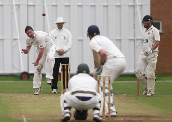 Hosiery Mills bowler Kyle Garside bowls to Cuckney's Luke Thomas -Pic by: Richard Parkes