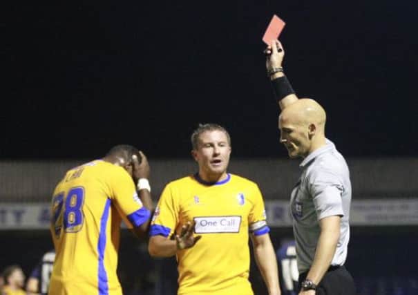 Referee Darren Drysdale sends off Stags debutany James Alabi -Pic by:Richard Parkes