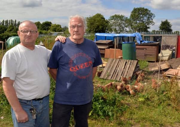 Vandals recently broke into allotments in Kirkby In Ashfield damaging property and killing chickens. Pictured is Kevin Clark who lost four birds in the attack with his remaining livestock and fellow allotment owner Victor Meynell