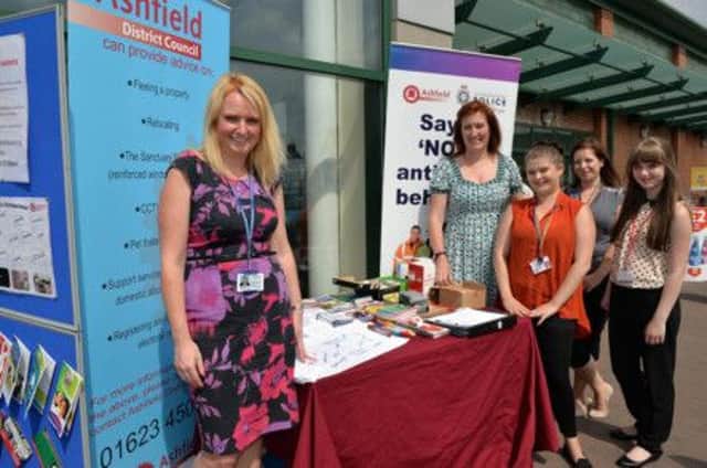 Ashfield District Council Domestic Violence and Anti-Social Behaviour event, pictured from left are ASB and nuisance officer Jodie Archer, Coun Cheryl Butler, apprentice Gemma Timmons, domestic violence prevention officer Katie Ellis and work experience student Olivia Smith