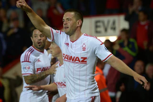 Nottingham Forest's Matty Fryatt celebrates scoring their second goal during the Sky Bet Championship match at Goldsands Stadium, Bournemouth.