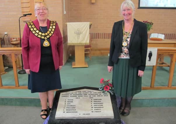 At the rededication of the memorial to 14 men who died in WW1 at  Trinity Methodist Church. Pictured at the rededication are  ADC  Chairman Coun Elisabeth Mays and Dawn Raffle, standing in as consort.