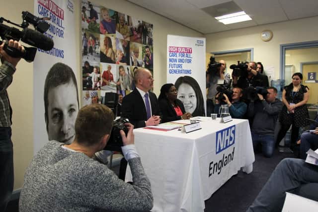 Press conference by NHS England in Nottinghamshire about the apparent breaches of infection control procedures by Nottinghamshire dentist Desond D'Mello. Pictured is Dr Doug Black, Medical Director NHS England, Nottinghamshire and Derbyshire, and Dr Vanessa MacGregor, Public Health England.