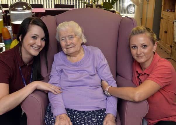 Bluebell Lodge resident May Clarke celebrated her 100th birthday on November 9th, May is pictured with staff members Leanne Burns and Kasia Pozniak
