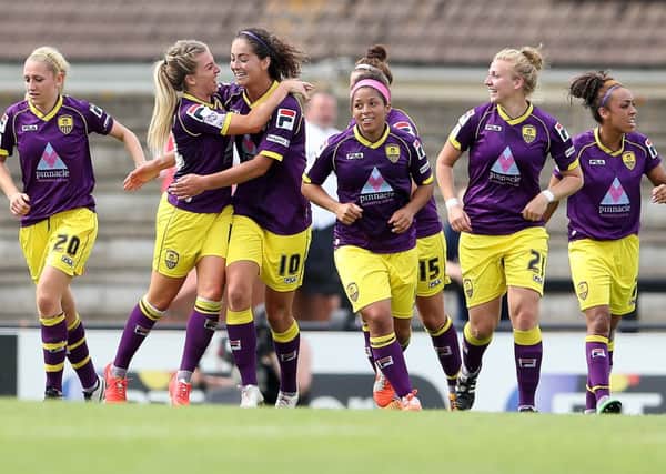 BOREHAMWOOD, ENGLAND - JULY 27:  Fiona O'Sullivan of Notts County celebrates after scoring their goal during the WSL match between Arsenal Ladies and Notts County at Meadow Park on July 27, 2014 in Borehamwood, England.  (Photo by Scott Heavey - The FA/The FA via Getty Images)