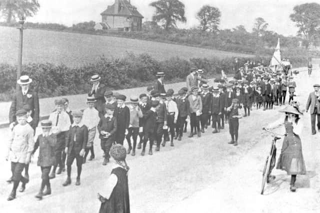 A Whitsuntide Walk, in Mansfield Road, Skegby, from 1918. Image courtesy of Nottinghamshire County Council archives and www.picturethepast.org.uk
