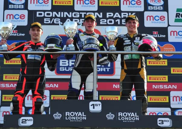 Kyle Ryde on the podium at the  British Superbikes round one at Donington Park