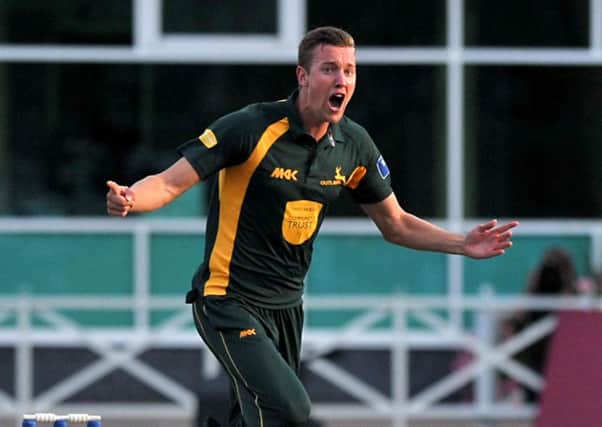 Nottinghamshire Outlaws' Jake Ball celebrates taking the wicket of Somerset's Jamie Overton during the Clydesdale Bank Pro40 Semi Final match at Trent Bridge, Nottingham. Picture date: Presas Association.