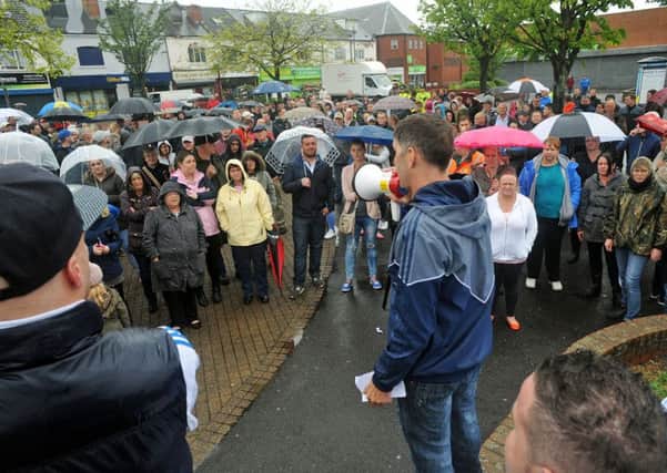 Troy Kissane, who was the main spokesman during the Shirebrook protest rally on Saturday, addresses the crowd in Shirebrook Market Place.