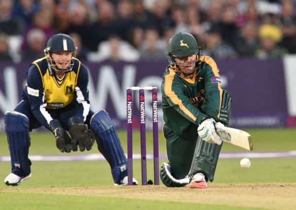 Brendan Taylor reverse sweeping during the NatWest T20 Blast match between the Outlaws and the Bears at Trent Bridge, Nottingham on 15 May 2015.  Photo: Simon Trafford