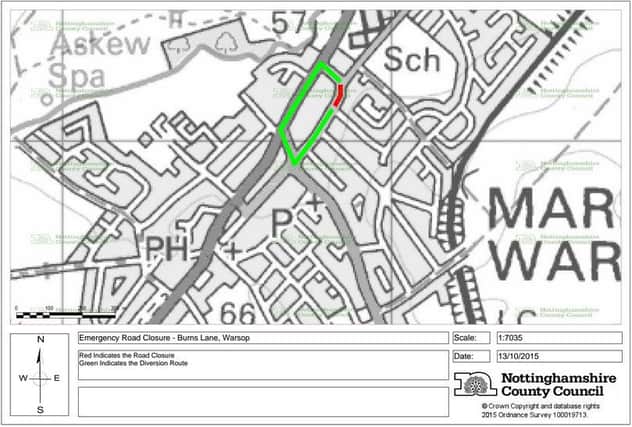 Diagram of an emergency road closure in Warsop issued by Nottinnghamshire County Council