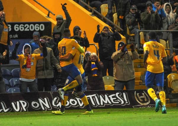 Mansfield Town v Hartlepool United - Skybet League Two - One Call Stadium - Saturday 21st November 2015

Matt Green celebrates with the fans goal number 3