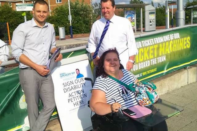 Emma Donaldson, of Hucknall who is campaigning for better disabled access at Kirkby Railway station, pictured with Sherwood MP Mark Spencer and Coun Ben Bradley.