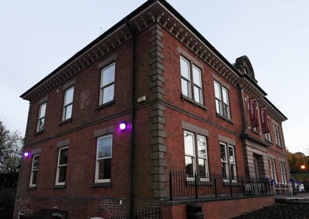 Valarie McHale at DH Lawrence Heritage Centre to turn on purple lights around the building to raise awareness of pancreatic cancer, she is a sufferer. Pictured here is the building after the light switch on.