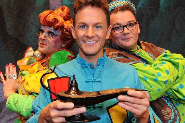Chris Edgerley as Aladdin with Mark James as Wishee Washee and David Rumelle as the Widow Twankey.