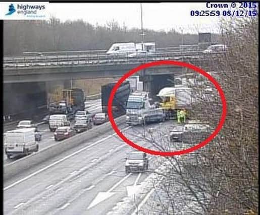 A lorry jackknifed on the northbound M1 near J28 and J30 causing traffic chaos in Nottinghamshire and Derbyshire. Credit: Highways England