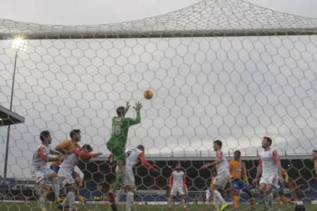Mansfield Town v Luton Town - Skybet League Two - One Call Stadium - Saturday 23 jan 2016Luton keeper Elliot Justham gets up at stags corner to stop the attack