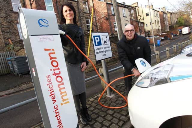 Launch of two new fast charging points for electric vehicles at Parkers Lane in Broomhill. Pictured are Coun Jayne Dunn and Mark Daly from Sheffield City Council.