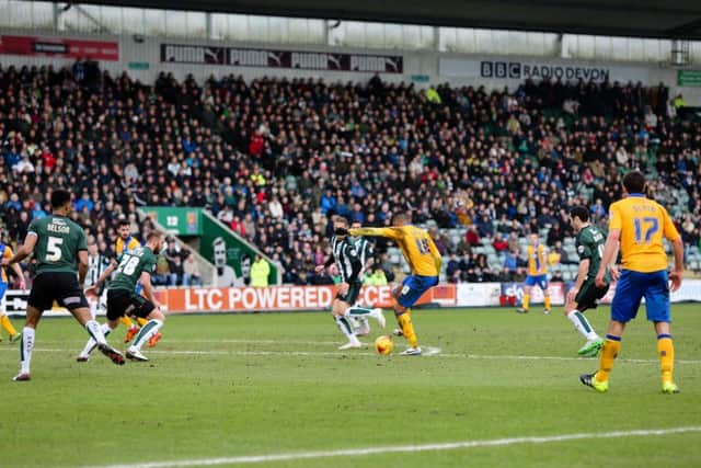 Mansfield Town's Matt Green has a shot on goal - Pic Chris Holloway - The Bigger Picture
