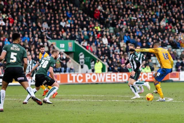 Mansfield Town's Matt Green has a shot on goal - Pic Chris Holloway - The Bigger Picture