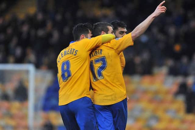 Mansfield Town v Dagenham and Redbridge - Skybet League Two - One Call Stadium - Saturday 20 Feb 2016 - Photographer Steve UttleyMatty Blair celebrates his goal with chris clements
