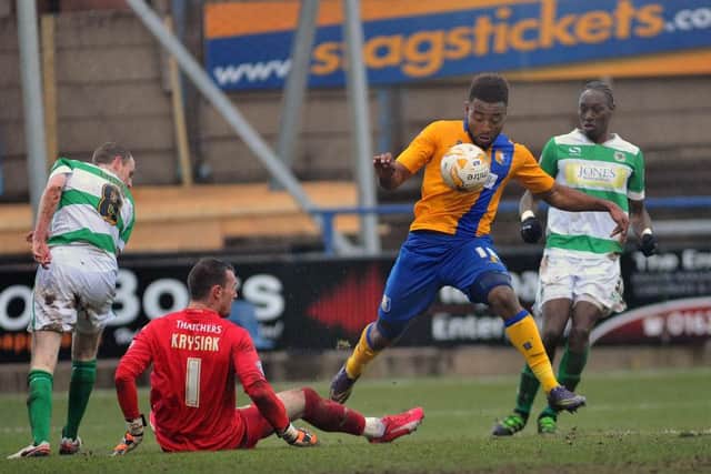Adi Yussuf gets past Artur Krysiak but can't hit the target
Mansfield Town v Yeovil Town - Skybet League Two - One Call Stadium - Saturday 20 Feb 2016 - Photographer Steve Uttley