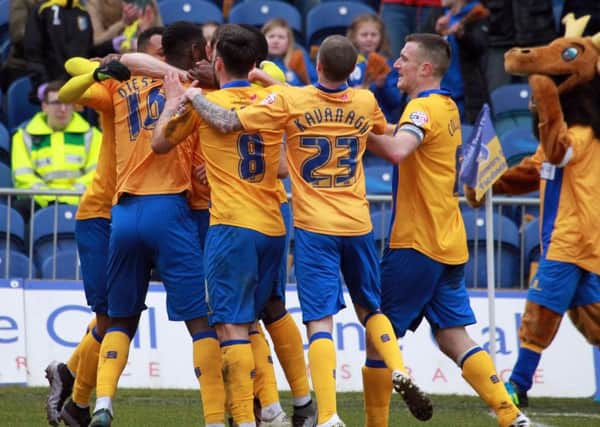 Mansfield Town v Portsmouth on Saturday March 19th 2016. Stags player Matt Green scores. Photo: Chris Etchells