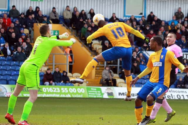 Mansfield Town v Northampton Town, Monday March 28th 2016. Stags player Matt Green scores his 1st goal of the game. Photo: Chris Etchells